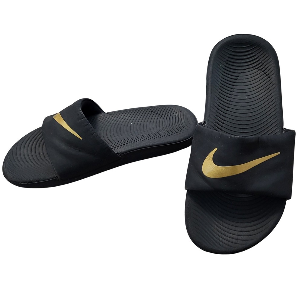 Nike Kawa Kids Slides Black Metallic Gold Athletic Sandals Size 2 Youth 2Y Pool